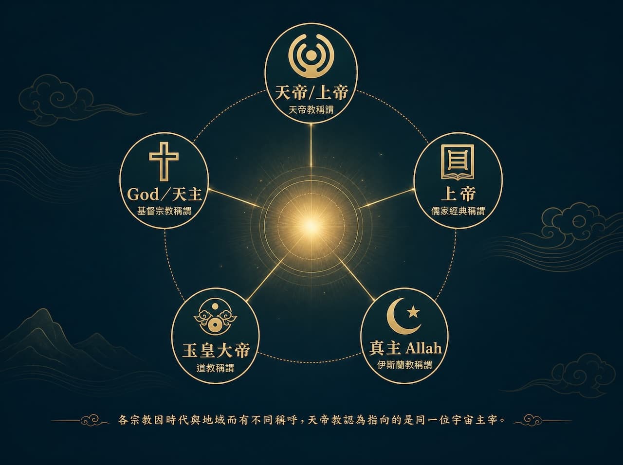 名異實同─宇宙唯一主宰示意圖。以視覺化方式呈現儒家（上帝）、道教（玉皇大帝）、基督教（上帝、天主）、伊斯蘭教（真主）等各大宗教對最高主宰的不同名稱，說明稱呼雖異，實指宇宙間同一位唯一主宰，各宗教同出一源。