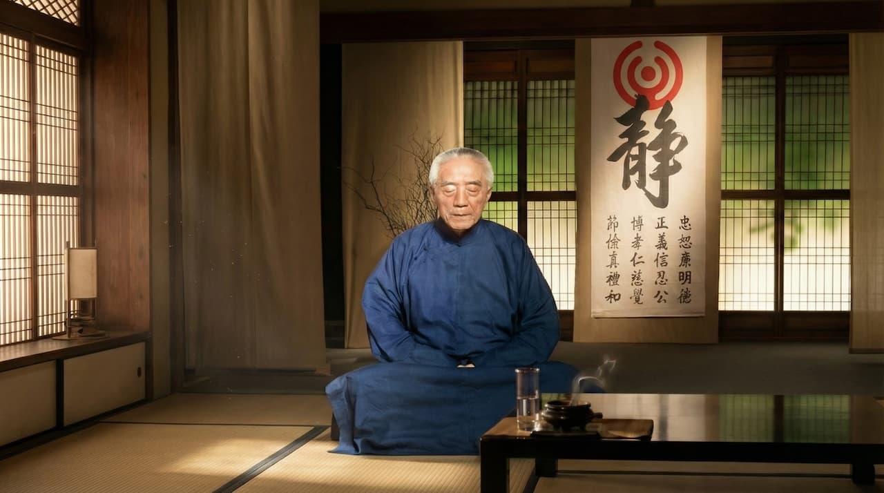 天帝教首任首席使者涵靜老人端坐靜坐，身著藍色道袍，背後懸掛書有廿字真言的「靜」字旗幟。