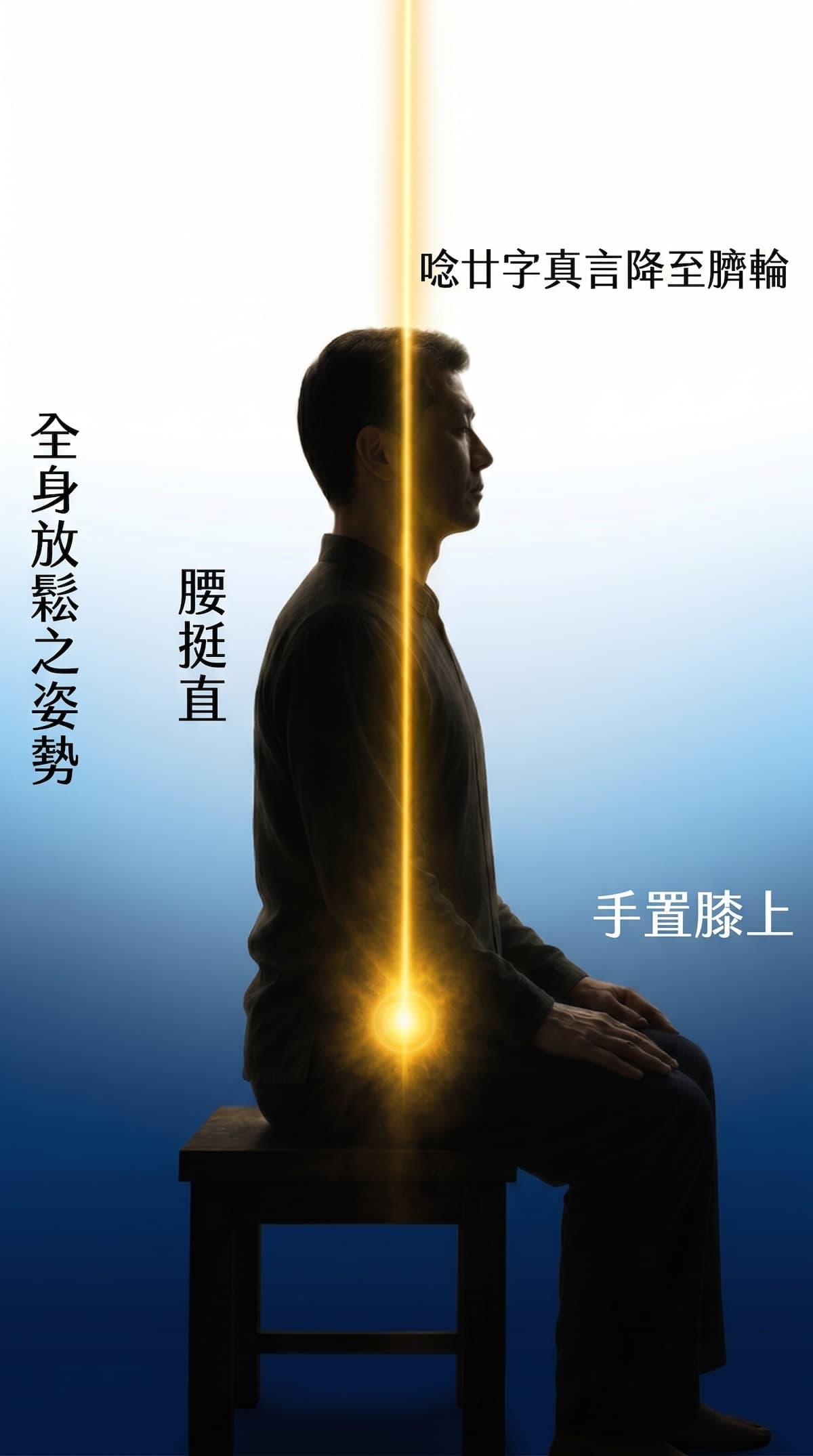 靜心靜坐坐姿示意圖：一名修行者端坐於台上，腰部挺直，雙手平置膝上，全身保持放鬆姿勢；一道金色光束自頂輪貫通降至臍輪，標示默唸廿字真言時引氣下沉、心浮氣靜的功夫要領。