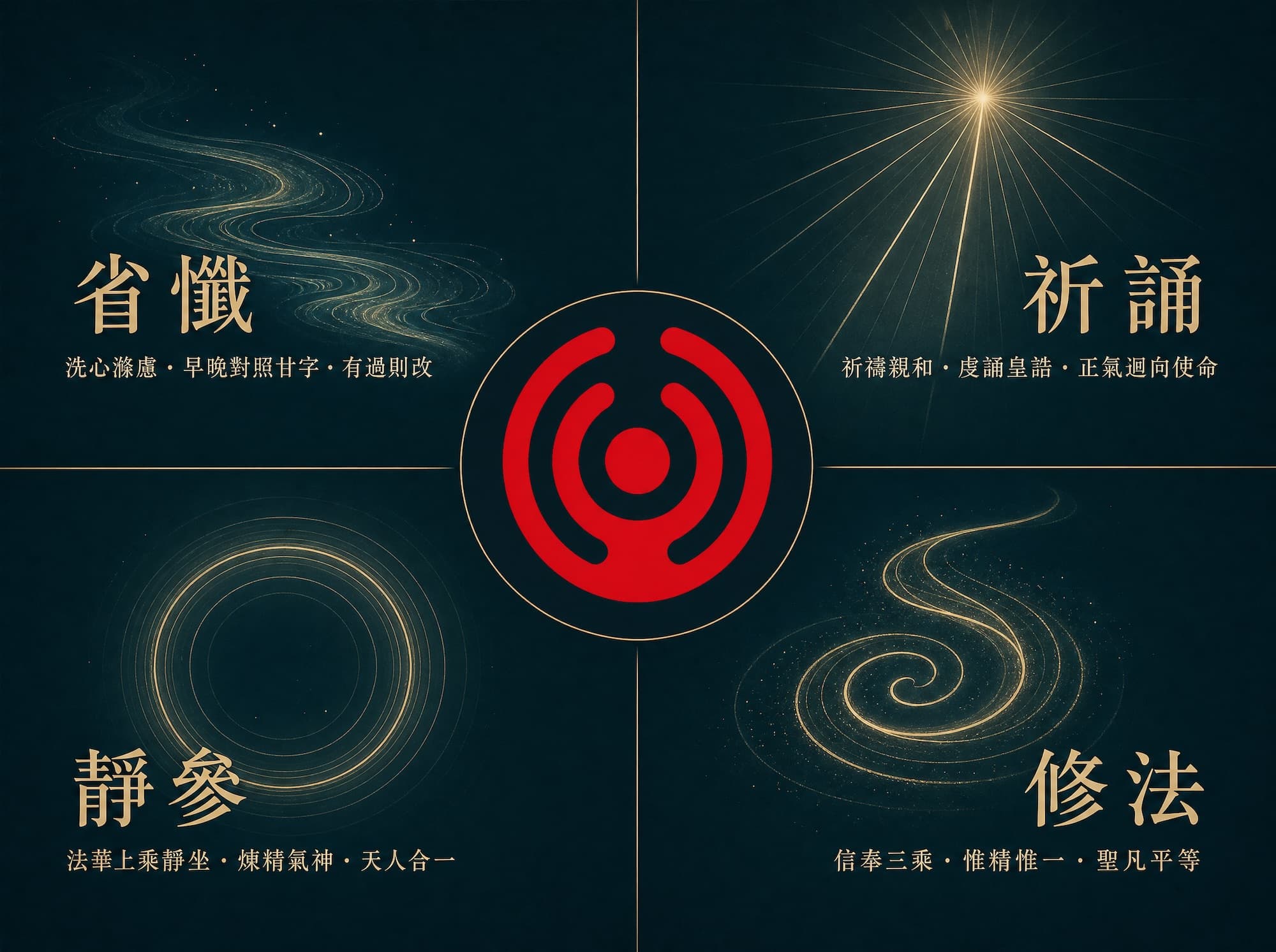 以天帝教教徽為中心的四象限示意圖，四個修證課程分列四角：左上「省懺」（洗心滌慮・早晚對照廿字・有過則改）、右上「祈誦」（祈禱親和・虔誦皇誥・正氣迴向使命）、左下「靜參」（法華上乘靜坐・煉精氣神・天人合一）、右下「修法」（信奉三乘・惟精惟一・聖凡平等），各以金色光紋象徵不同修持意境。