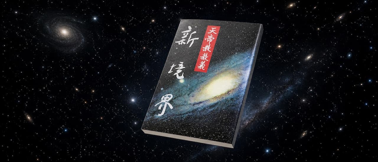 《教義新境界》書封懸浮於深邃宇宙星空中，背景為蒼茫銀河，書封印有螺旋星系照片；書名以白色行書題字《新境界》，左上角紅底白字標示「天帝教教義」